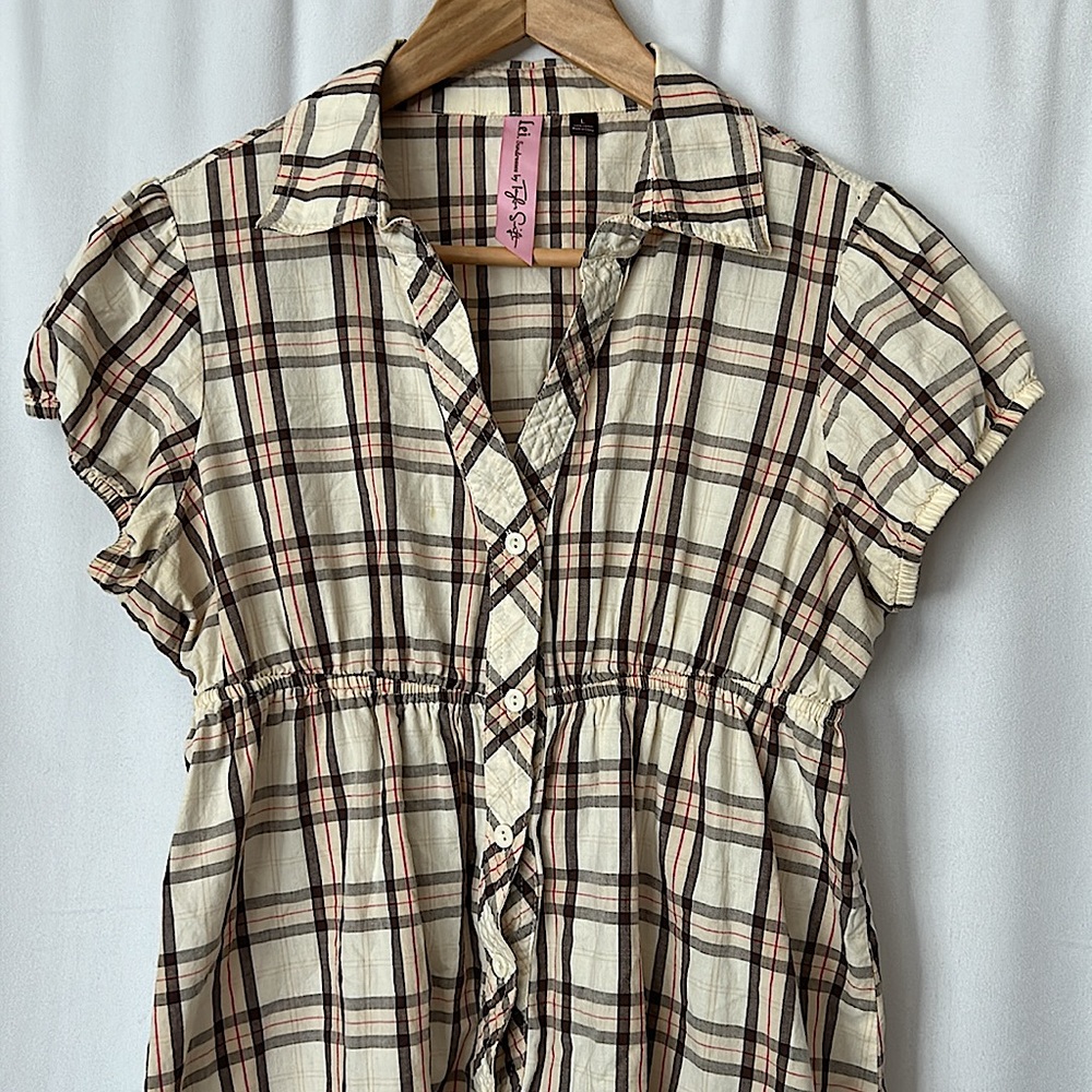 L.e.i. Sundresses by Taylor Swift Cream Checkered Short Sleeve Dress **Size L** - Picture 3 of 8